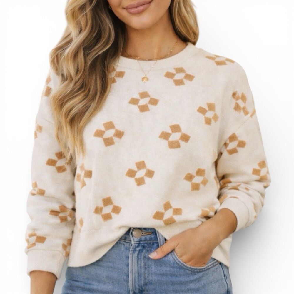 Madewell Cream Geometric Pattern Crewneck Pullover‎ Casual Sweater